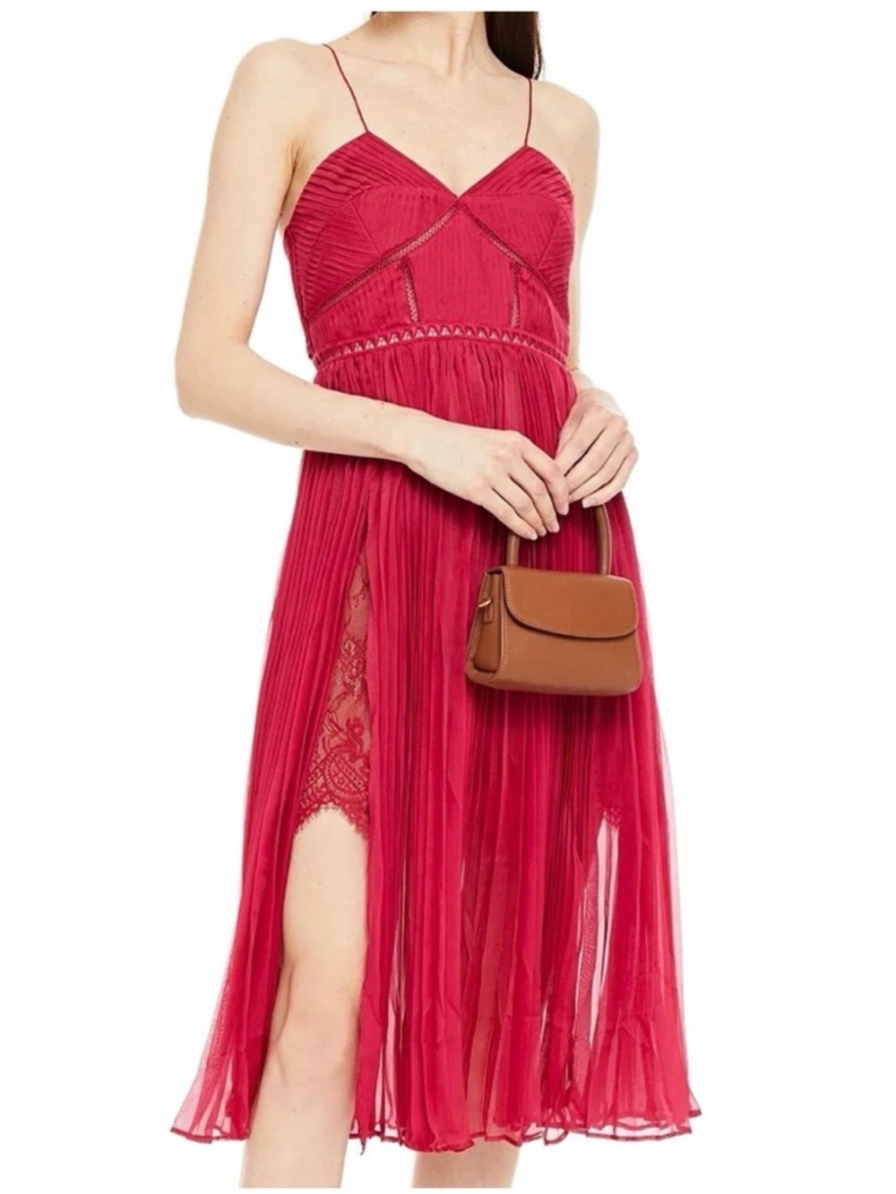Self-Portrait Fuchsia Spaghetti-Strap Midi Dress with Lace Inset